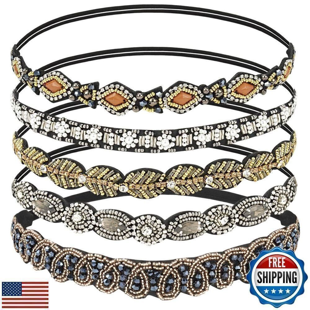 5-Piece Rhinestone Beaded Hairband Set for Women - Fancy Elastic Headband